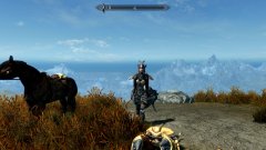 Serana, a horse, and a dwemer mudcrab.