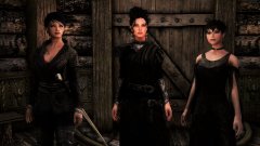 Cassandra in Lord armor; Lydia with her hair up and wearing an Avallach outfit; Luna in a slinky black Elven dress