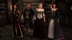 Lady Katherine in a Sorceress dress; Falk Firebeard a Covenant black robe; Jordis wears a Noble Traditional dress; Nemain a Moonbound dress