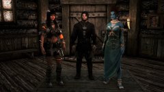 Taina in exotic Cold Beauty armor; Argis (Etienne's Markarth housecarl) wearing Nightshade robes; Solar, dressed in a Peacock robe outfit