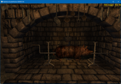 Fireplace and andirons with logs.